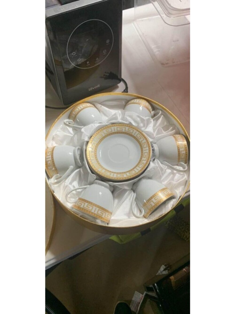 12 Pc Greek Key Fine Porcelain Coffee Set 6 Cups & Saucers Gold Trim Versace Sty